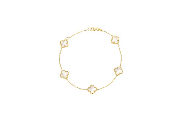 14K Yellow Gold Italian White Mother of Pearl Multi Clover Bracelet with 7"-8" extender<br />G-5622